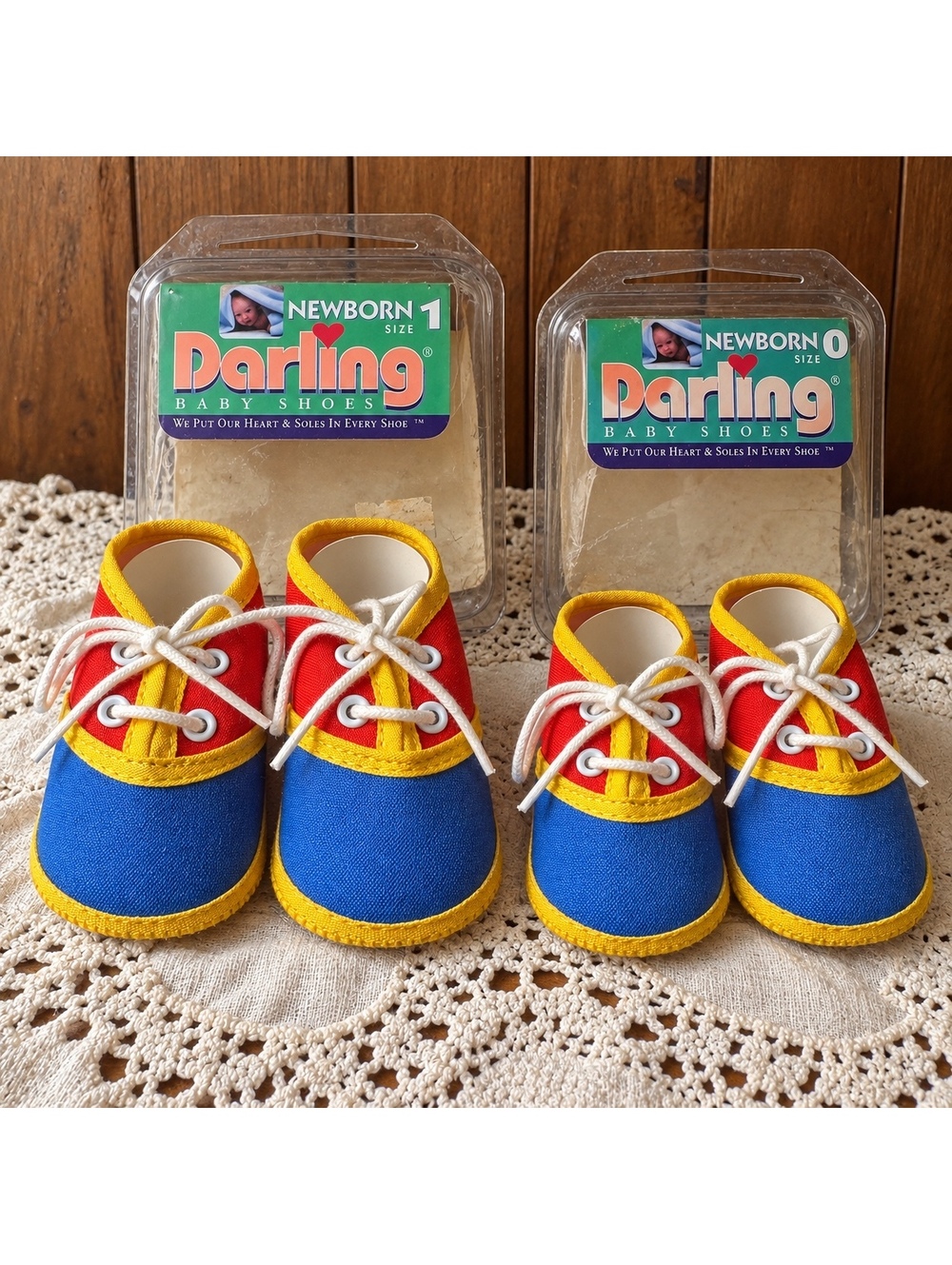 Vintage 1990 Baby Shoes Darling Red Blue Yellow Lace Up Size 0 or 1 Boxed